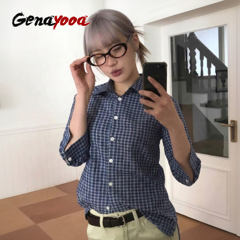 Genayooa Y2k Plaid Shirt Women - Street Fashion Korea ulasan dan harga