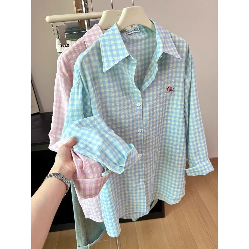 Embroidery Flower Plaid Design - Street Fashion Korea ulasan dan harga