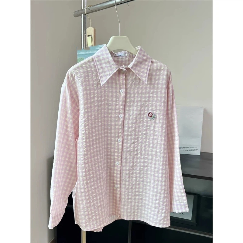 Embroidery Flower Plaid Design - Street Fashion Korea ulasan dan harga