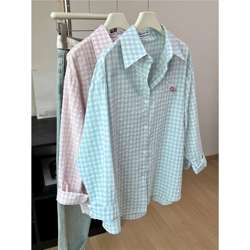 Embroidery Flower Plaid Design - Street Fashion Korea ulasan dan harga