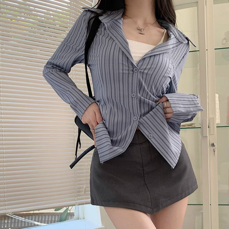 Y2k Striped Shirt Women Long S - Street Fashion Korea ulasan dan harga