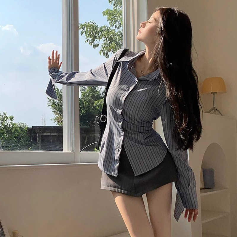 Y2k Striped Shirt Women Long S - Street Fashion Korea ulasan dan harga