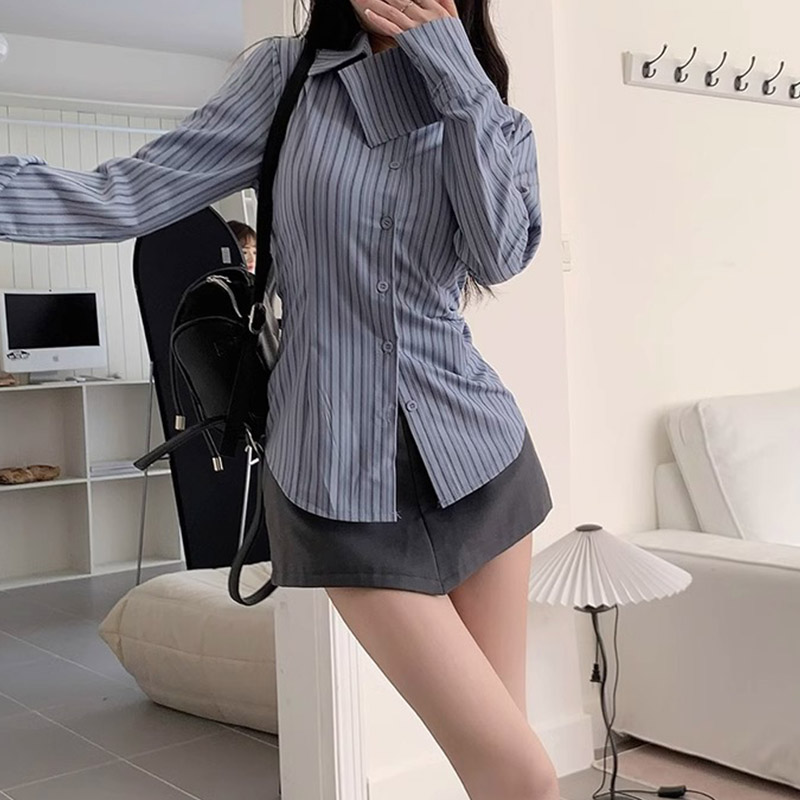 Y2k Striped Shirt Women Long S - Street Fashion Korea ulasan dan harga